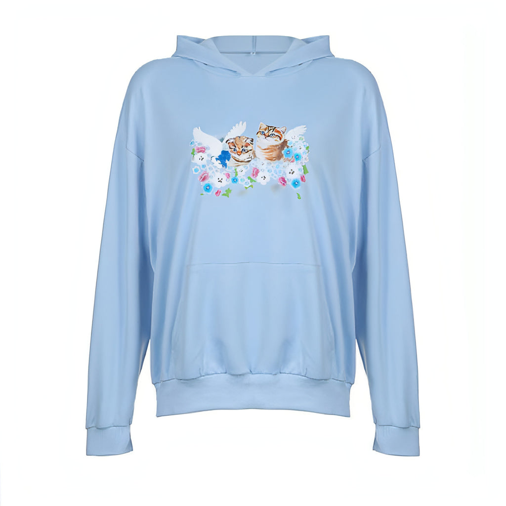 Cat Print Hooded Loose Pullover Long Sleeve Casual Sweater Women