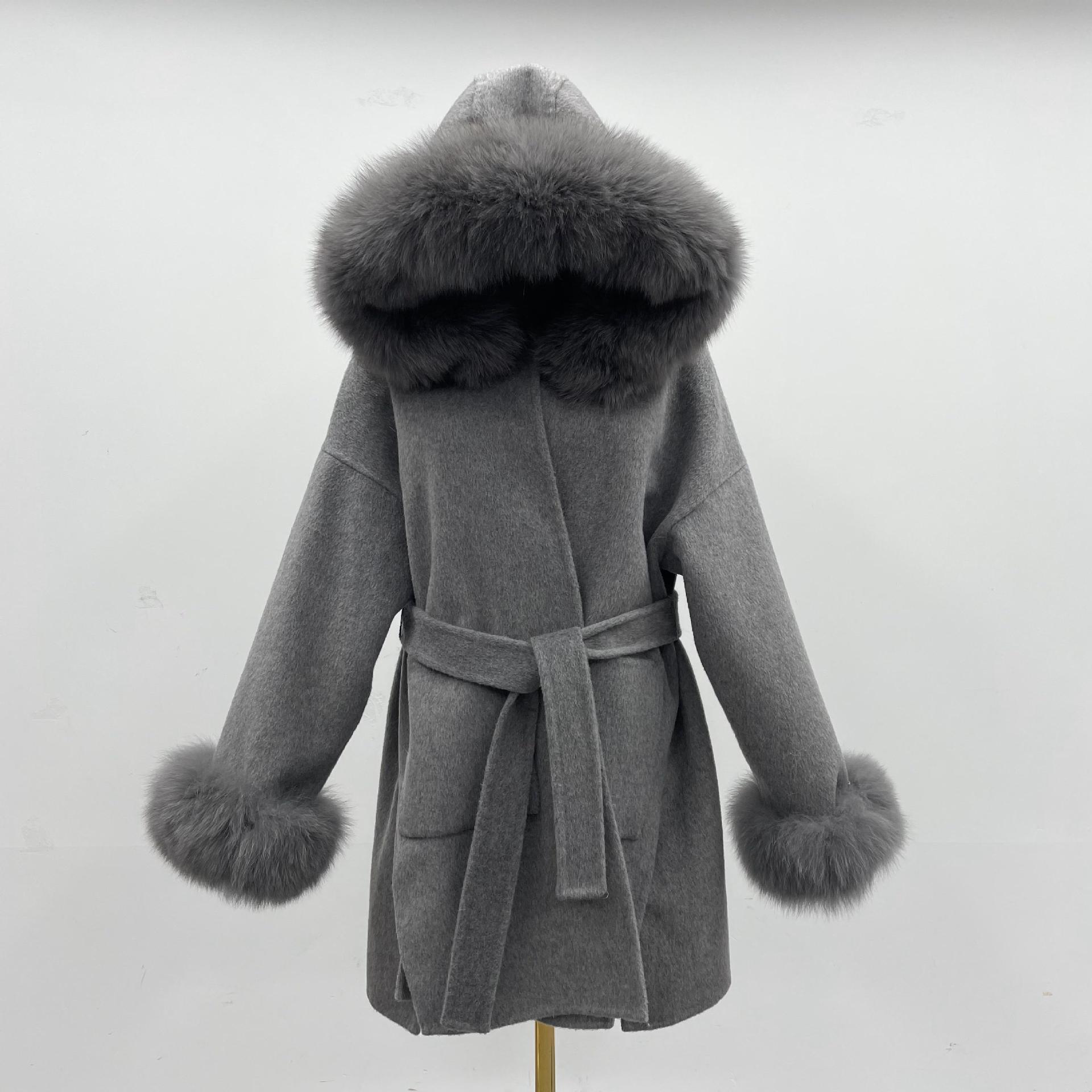 Oversized Fur Collar Hooded Double-Sided Wool Coat – Luxurious Warmth & Style