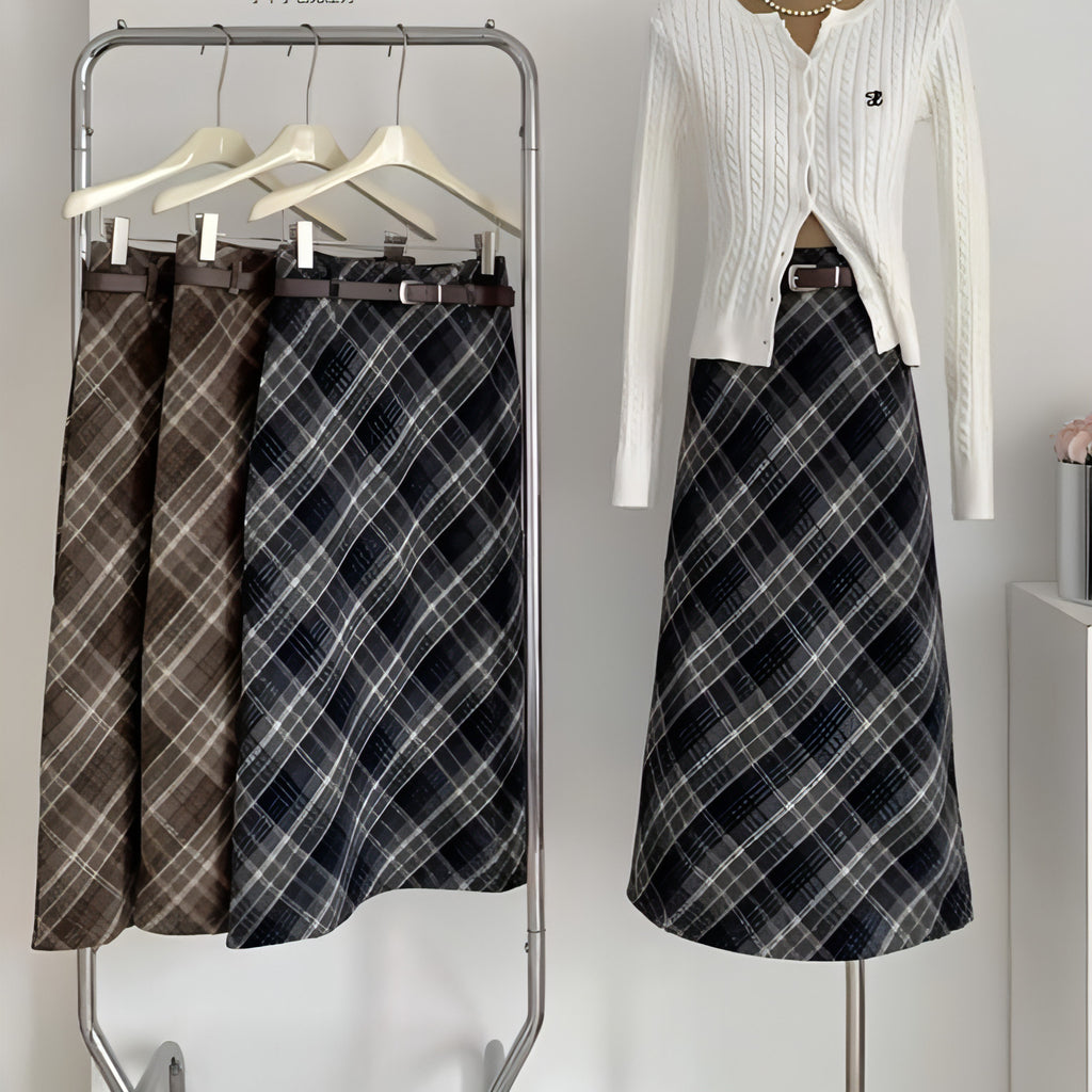 High Waist Mid-length Woolen Plaid Skirt For Women