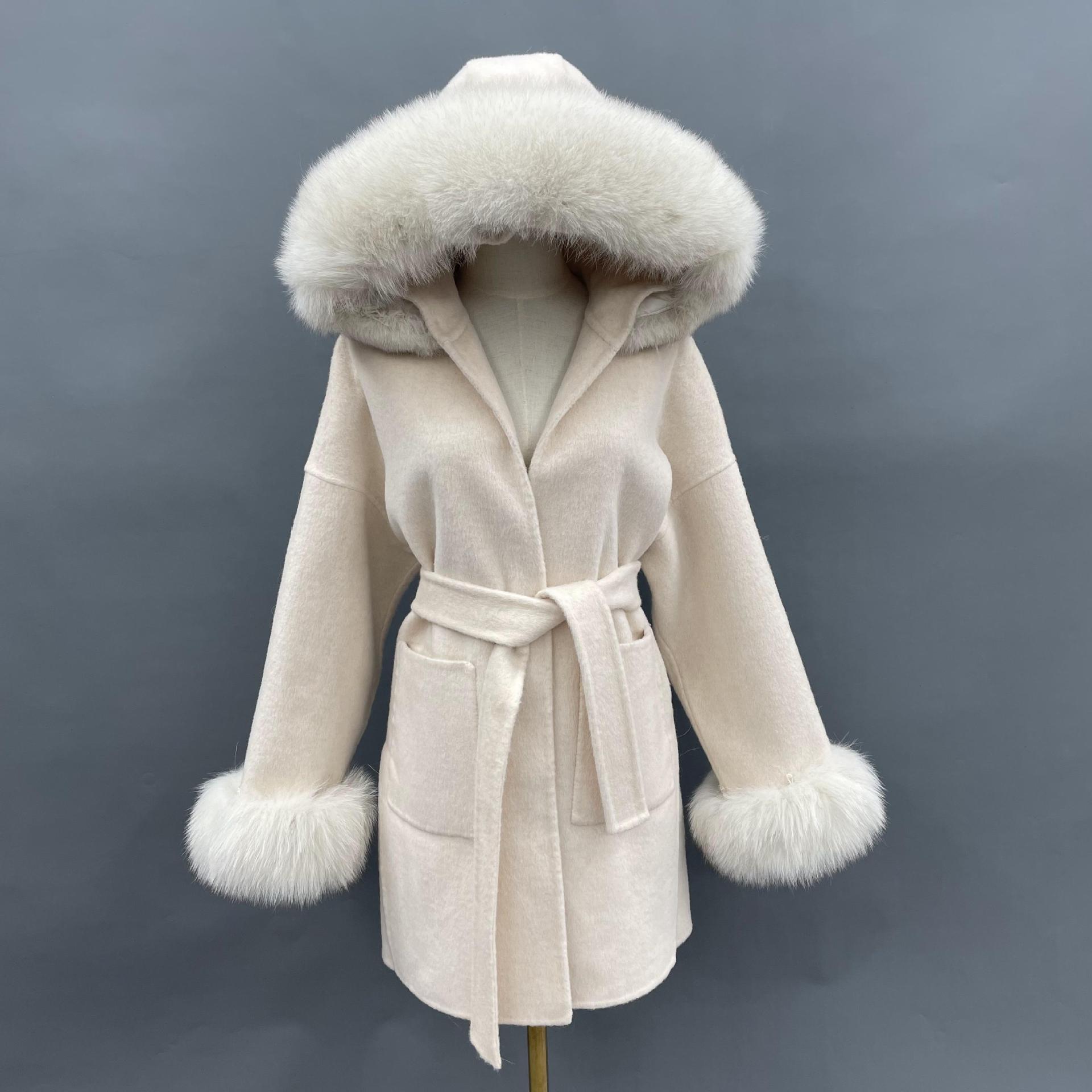 Oversized Fur Collar Hooded Double-Sided Wool Coat – Luxurious Warmth & Style