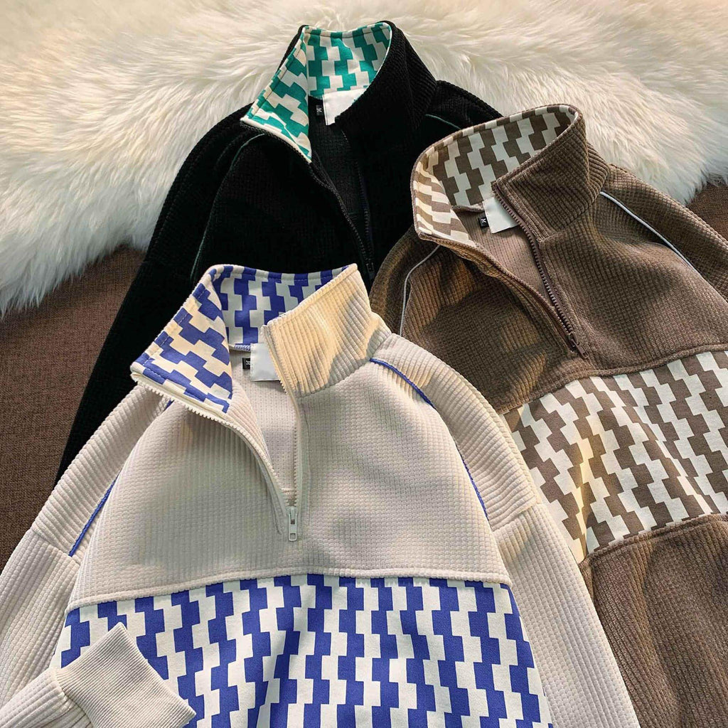 Stitching Waffle Stand Collar Sweater Men