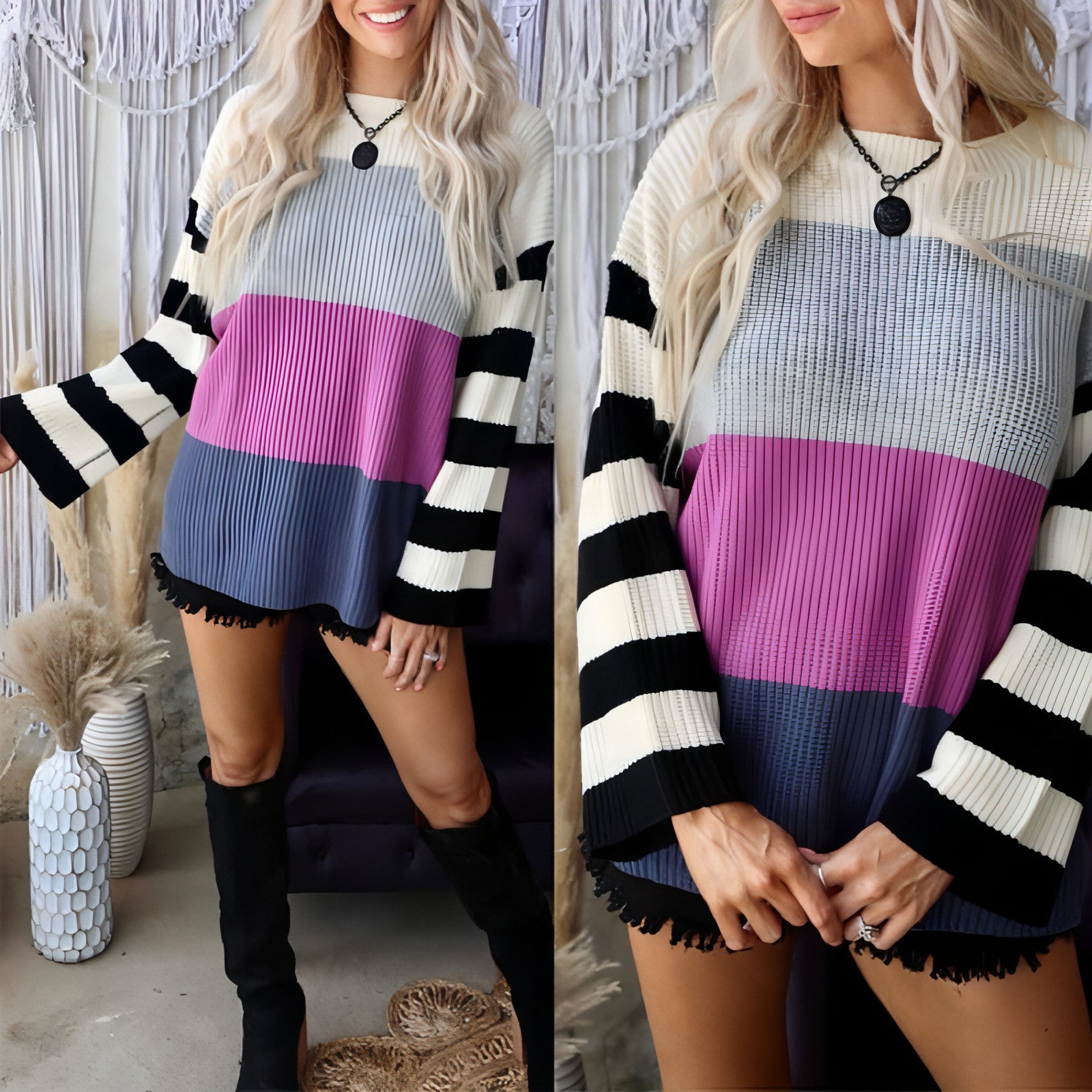 Striped Round Neck Long Sleeve Hit Color Casual Loose Sweater
