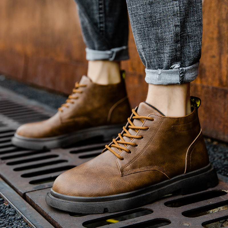 Men's Shoes High-top Sleeve Men's Leather Boots Cowhide British Retro Cashmere