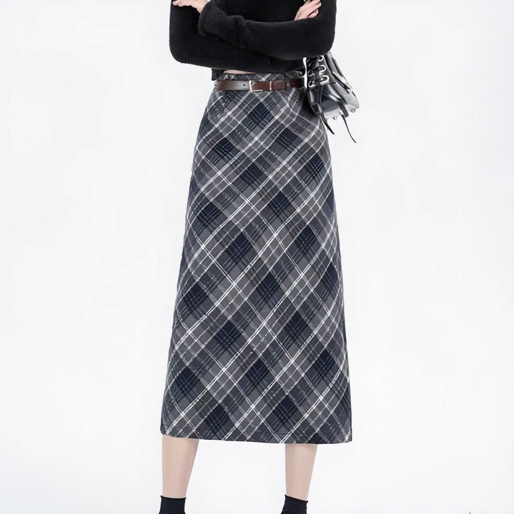 High Waist Mid-length Woolen Plaid Skirt For Women