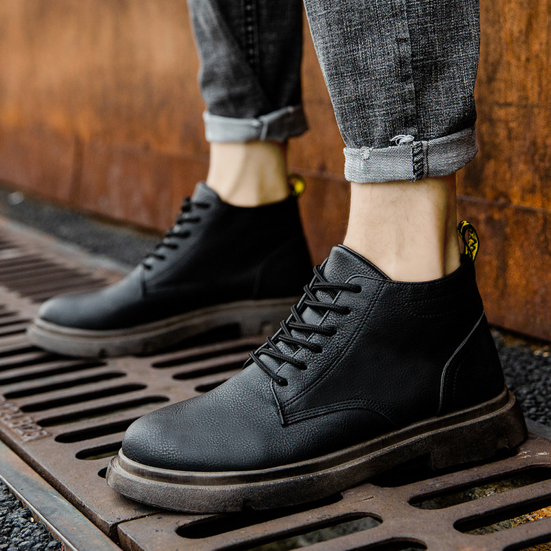 Men's Shoes High-top Sleeve Men's Leather Boots Cowhide British Retro Cashmere