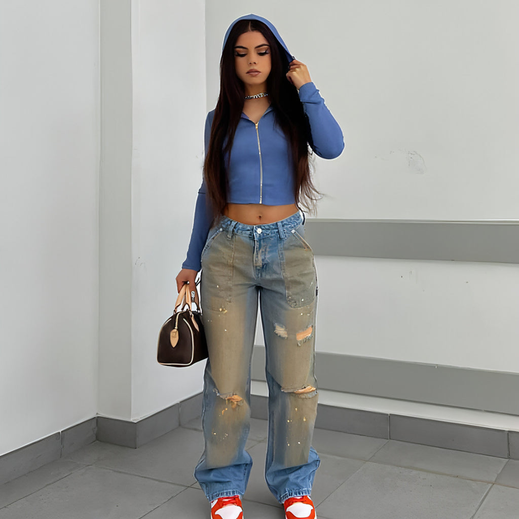 A1. Loose Straight Fashion Street Denim Trousers For Women