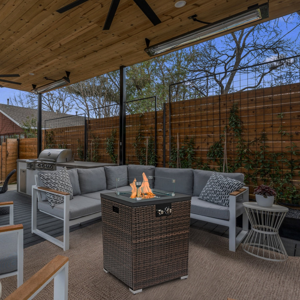 FlameHaven™ – Wicker Propane Fire Pit Column with Glass Wind Guard (US Warehouse)
