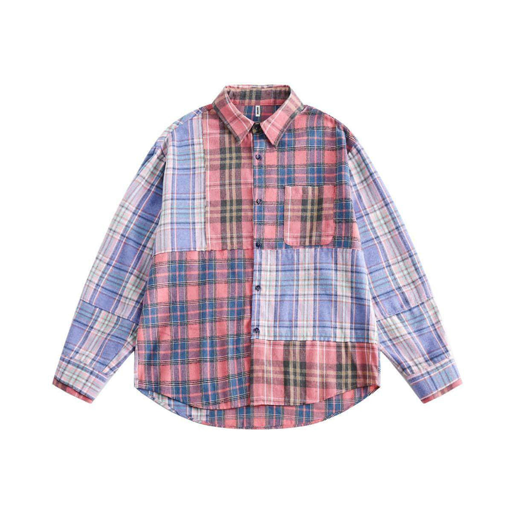 Spring Japanese Style Trend Plaid Stitching DressShirt Women