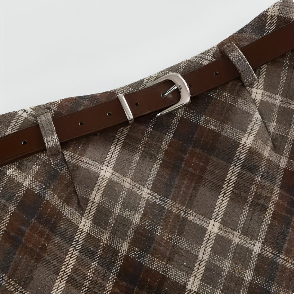 High Waist Mid-length Woolen Plaid Skirt For Women