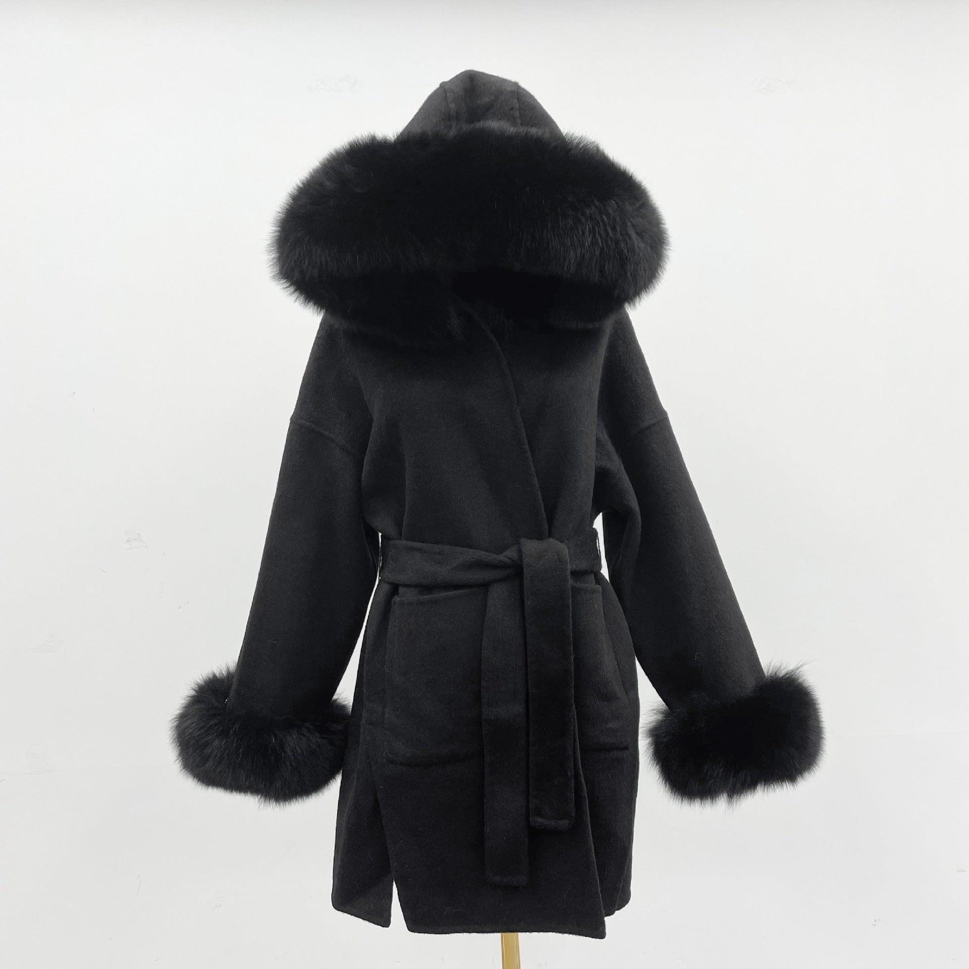 Oversized Fur Collar Hooded Double-Sided Wool Coat – Luxurious Warmth & Style
