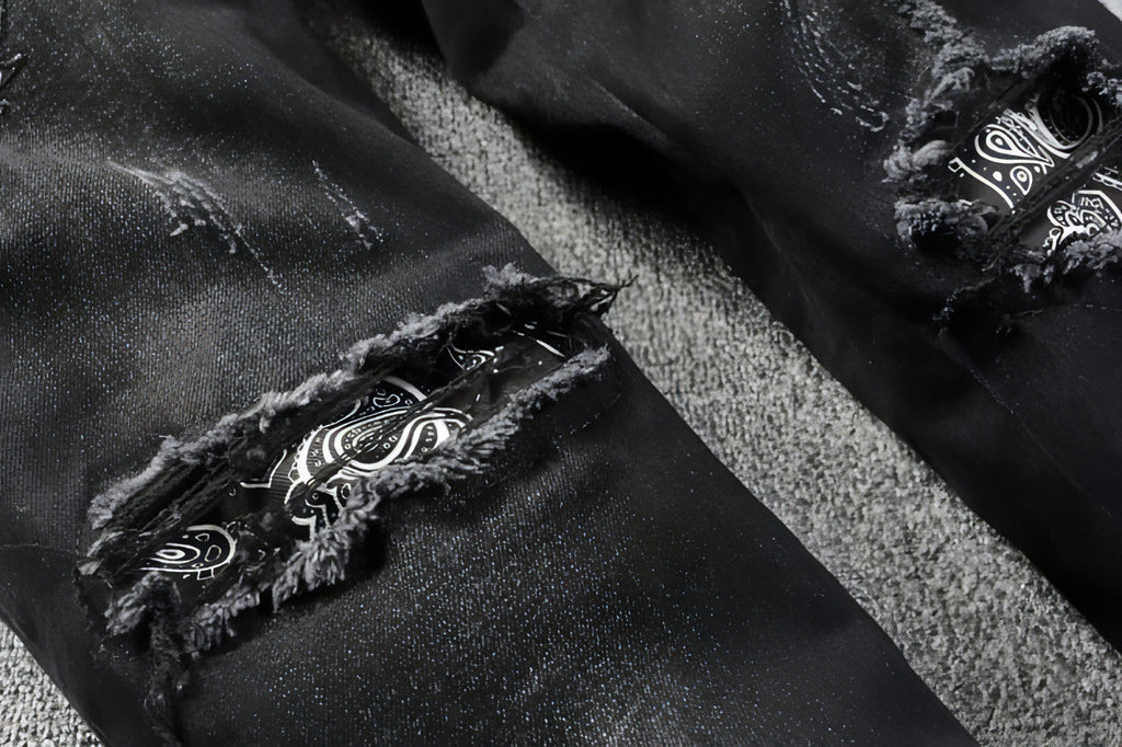Black Cashew Flower Printed Patch Torn Jeans For Men