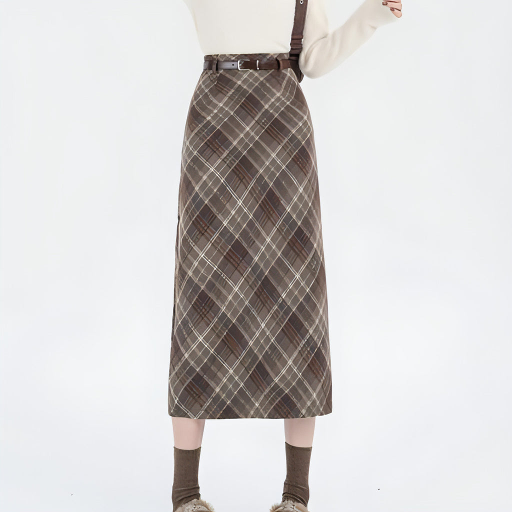 High Waist Mid-length Woolen Plaid Skirt For Women