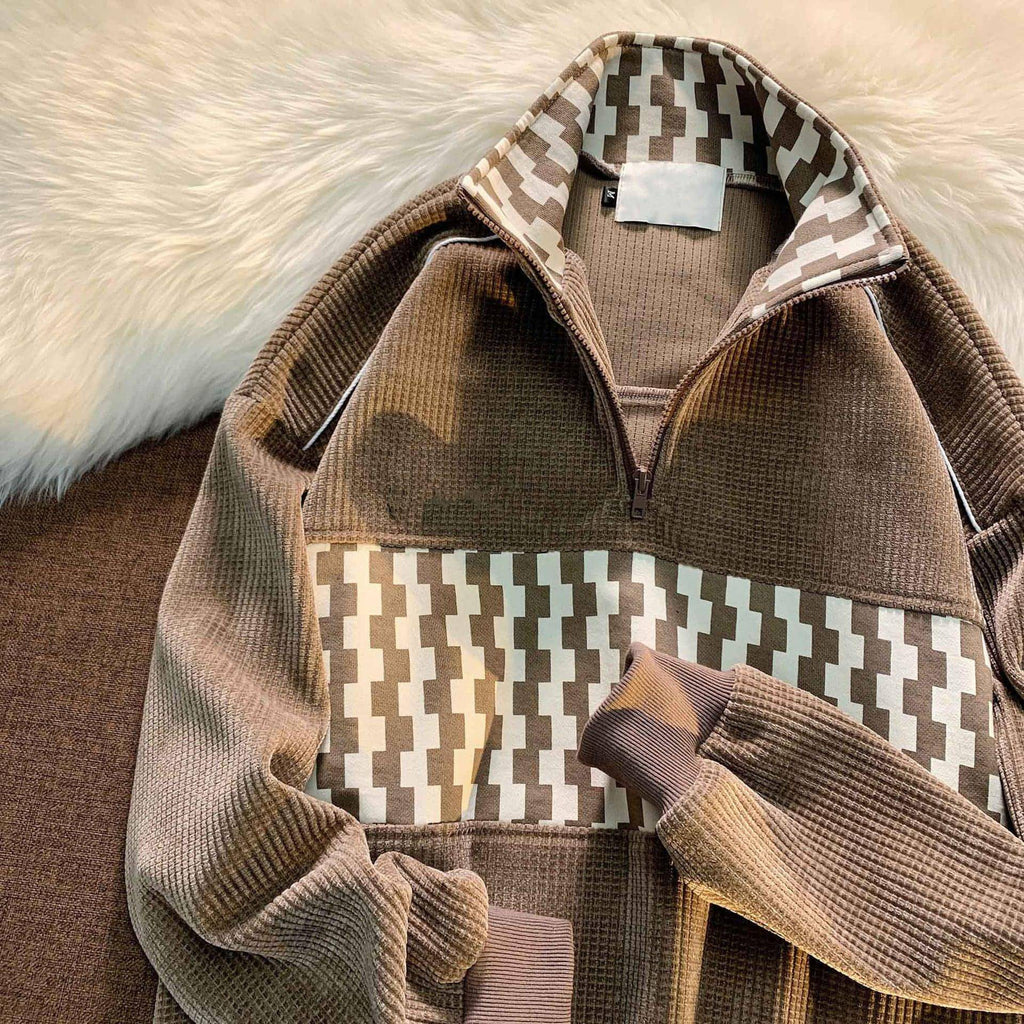 Stitching Waffle Stand Collar Sweater Men