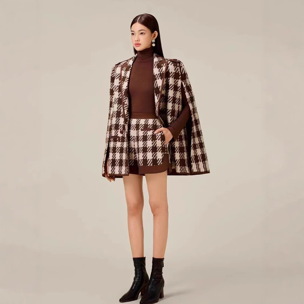 Houndstooth Woolen Cape Coat & Shorts – Elegant & Fashionable Set